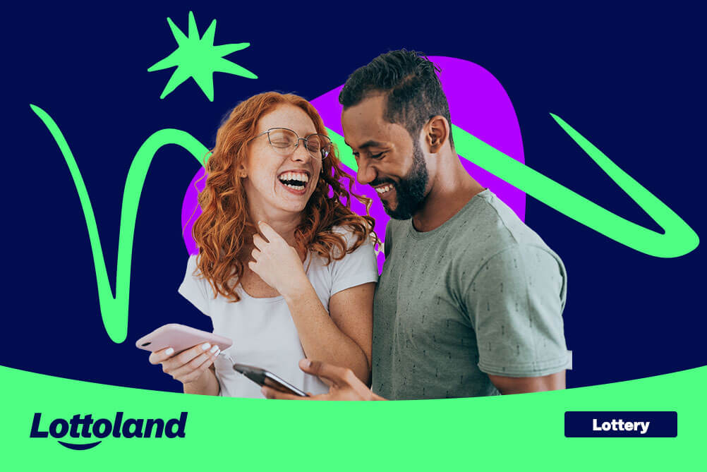Happy man and woman checking their phones to find out what time the lottery is.