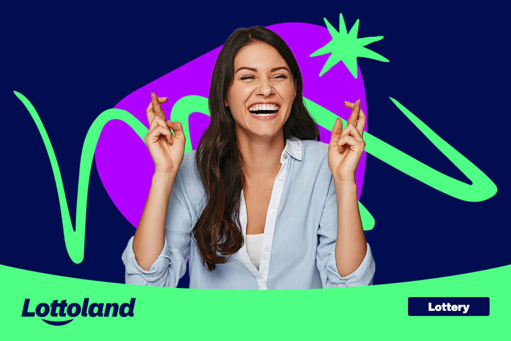 Smiling woman with crossed fingers, hoping for lucky lottery numbers. 