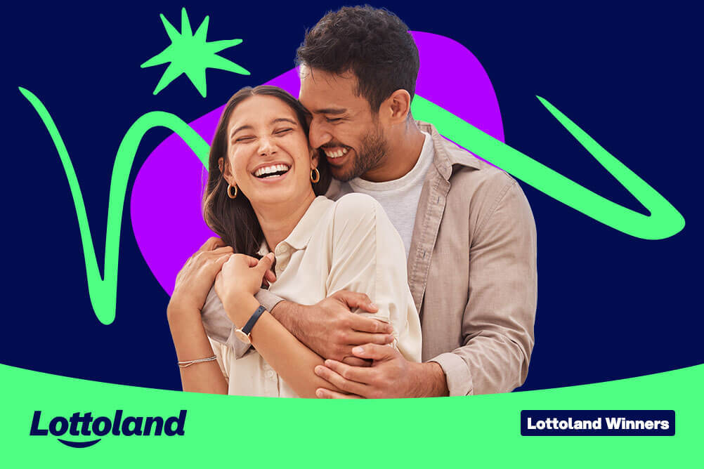 Happy couple embracing and laughing, celebrating as Lottoland winners.