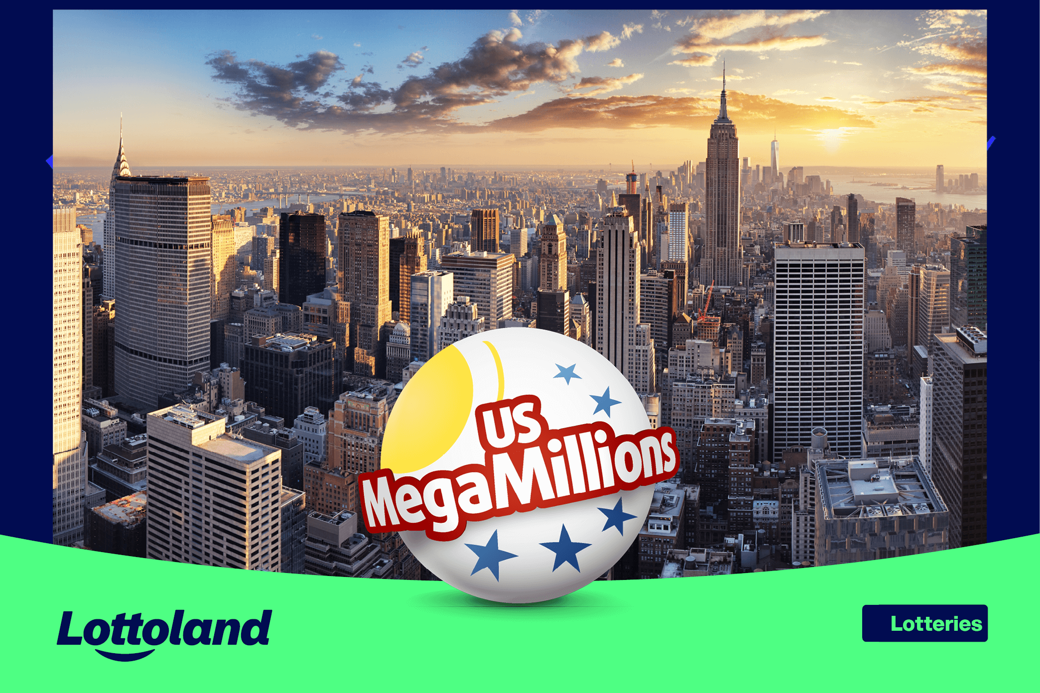 The uS Mega Millions logo on a background of an American city