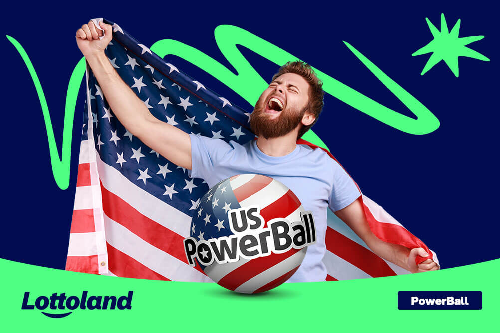 Excited man celebrating with a US flag the biggest lottery jackpots of all time.