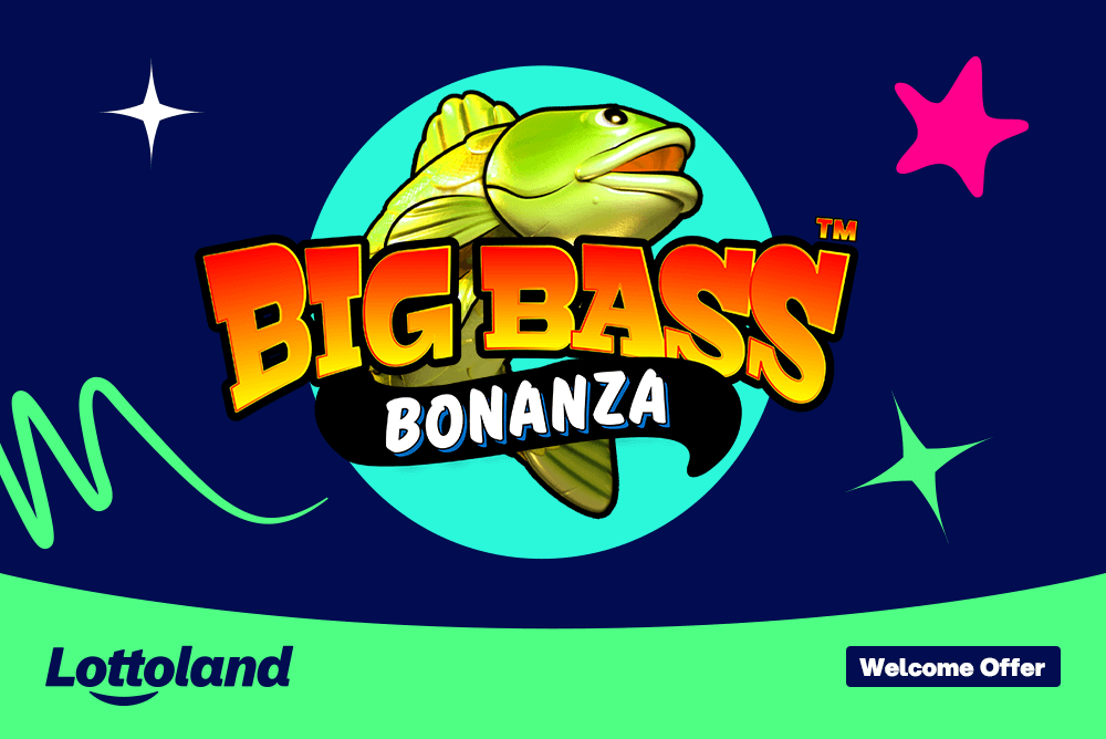 The Big Bass Bonanza logo. This is the slot where new Lottoland customers can claim up to 200 free spins with no wagering!