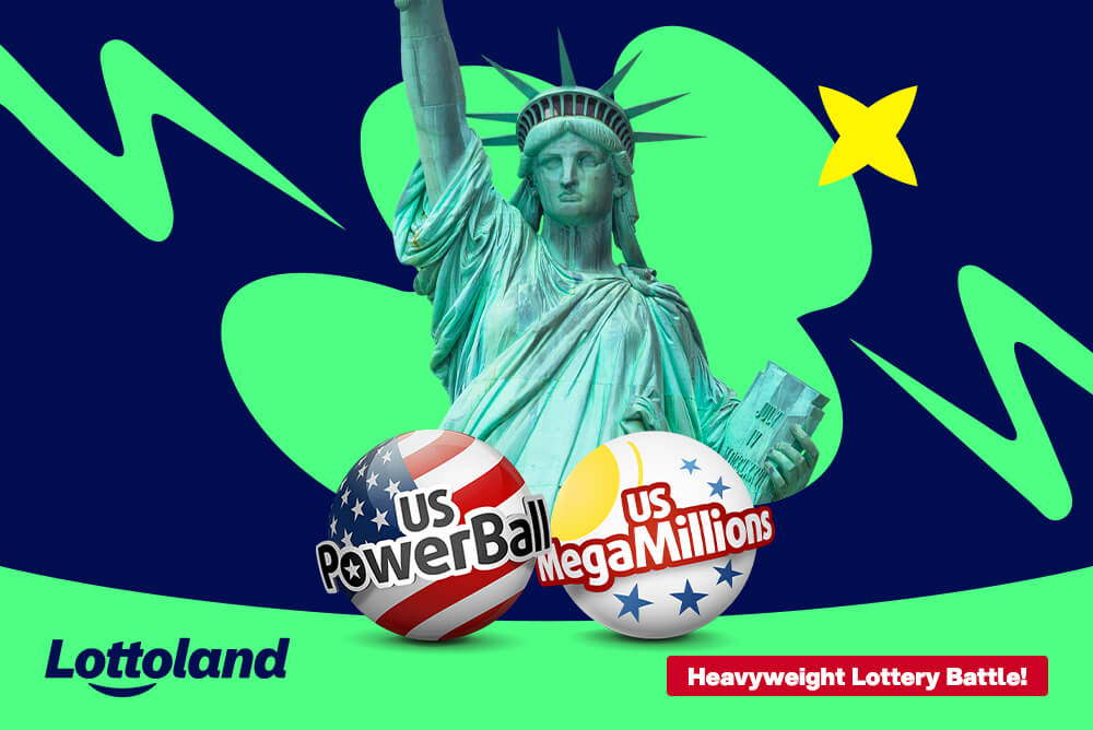An image of the iconic statue of liberty, alongside the logos of the US Powerball and USA's Mega Millions