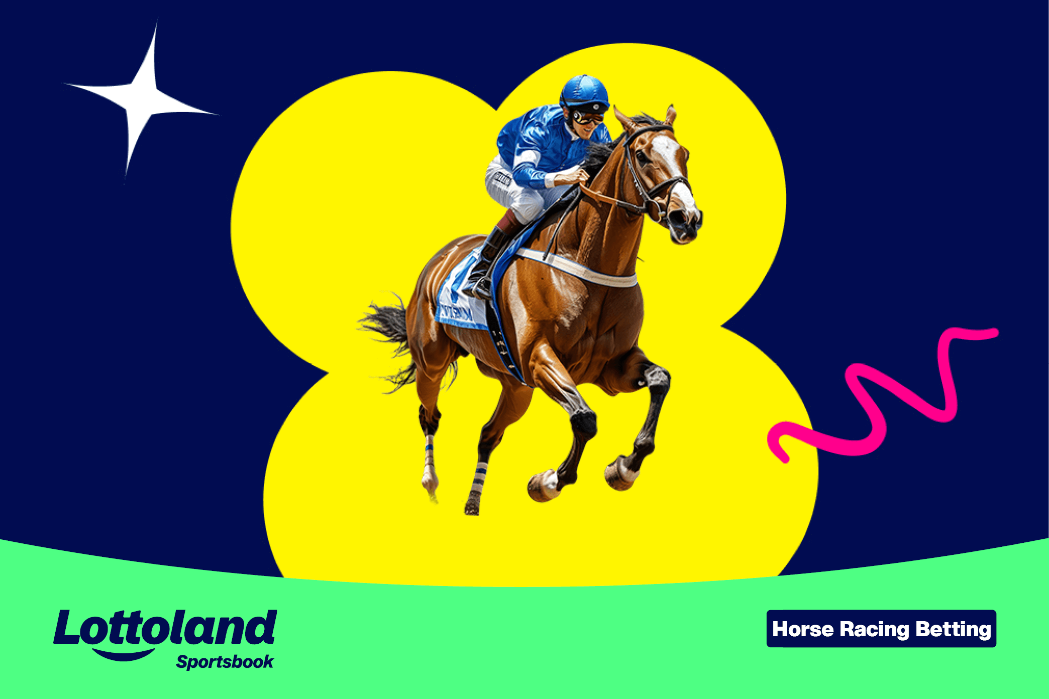 image of a jockey riding his horse on a lottoland branded background