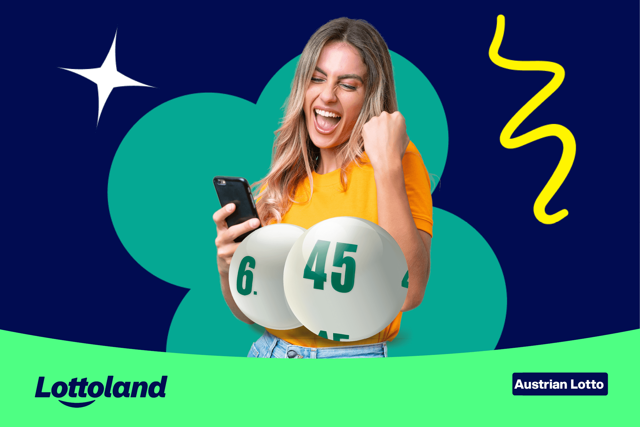 A woman celebrating after reading about how to bet on the Austrian Lotto from Ireland on her phone.