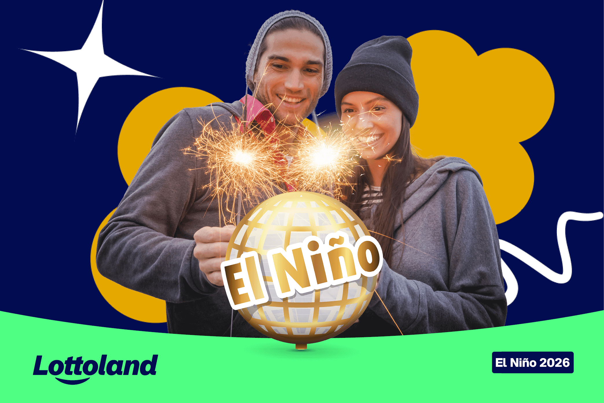 A man and a woman with sparklers, celebrating the annual El Niño lottery
