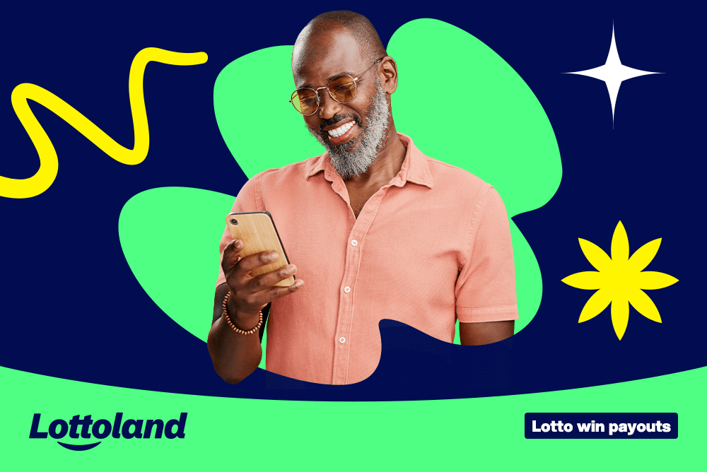 Smiling man checking his phone about lottery payments from Lottoland.