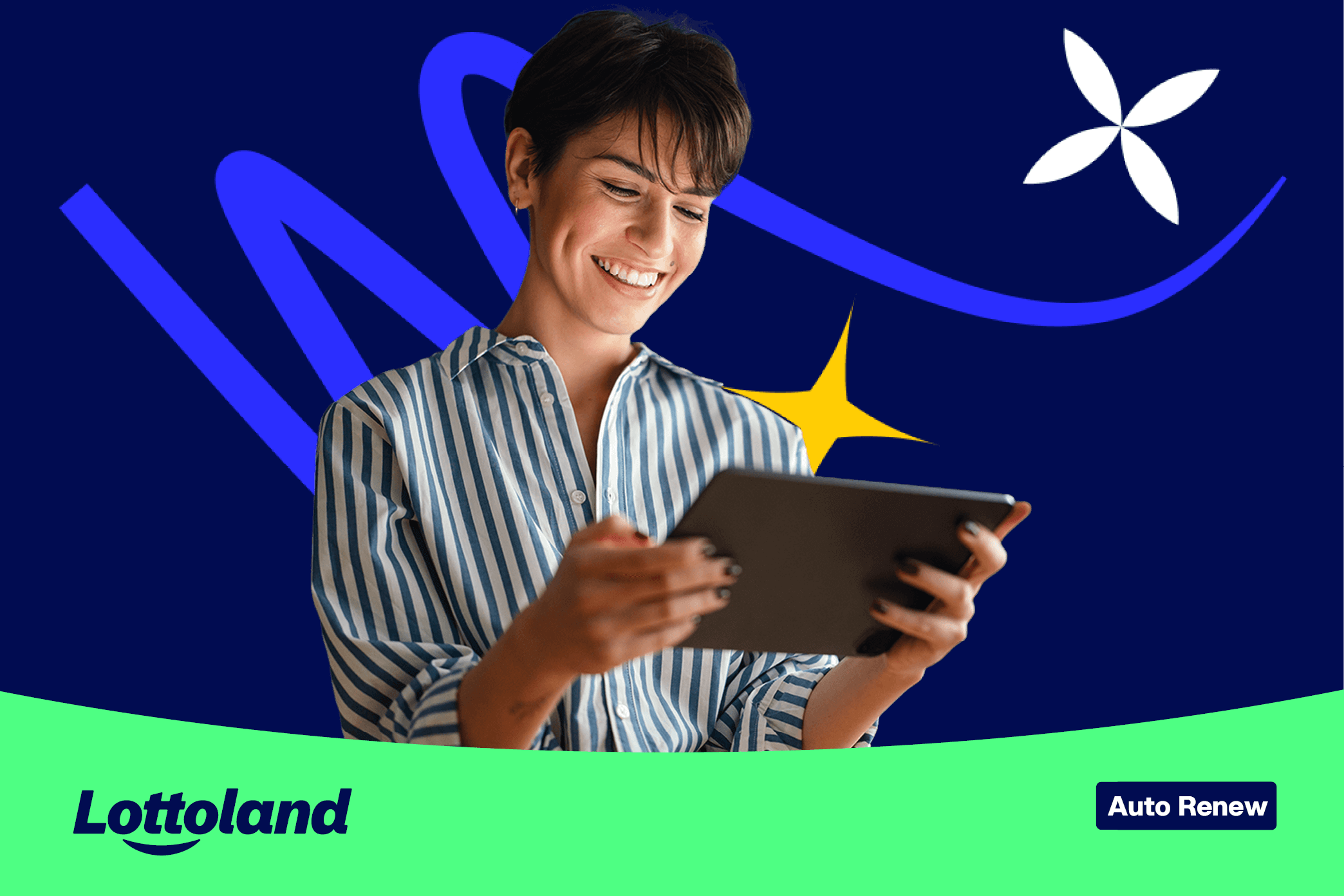 A woman with a tablet, reading about how to use auto renew bets on Lottoland