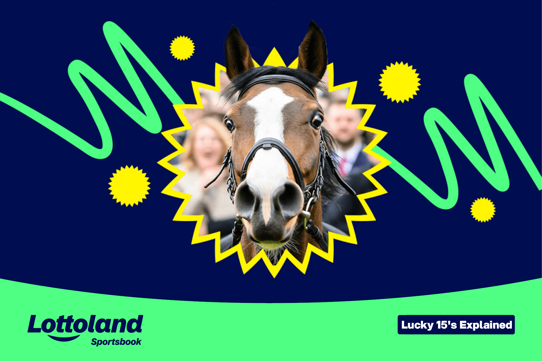 A horse looking down the lens of a camera on a lottoland branded background