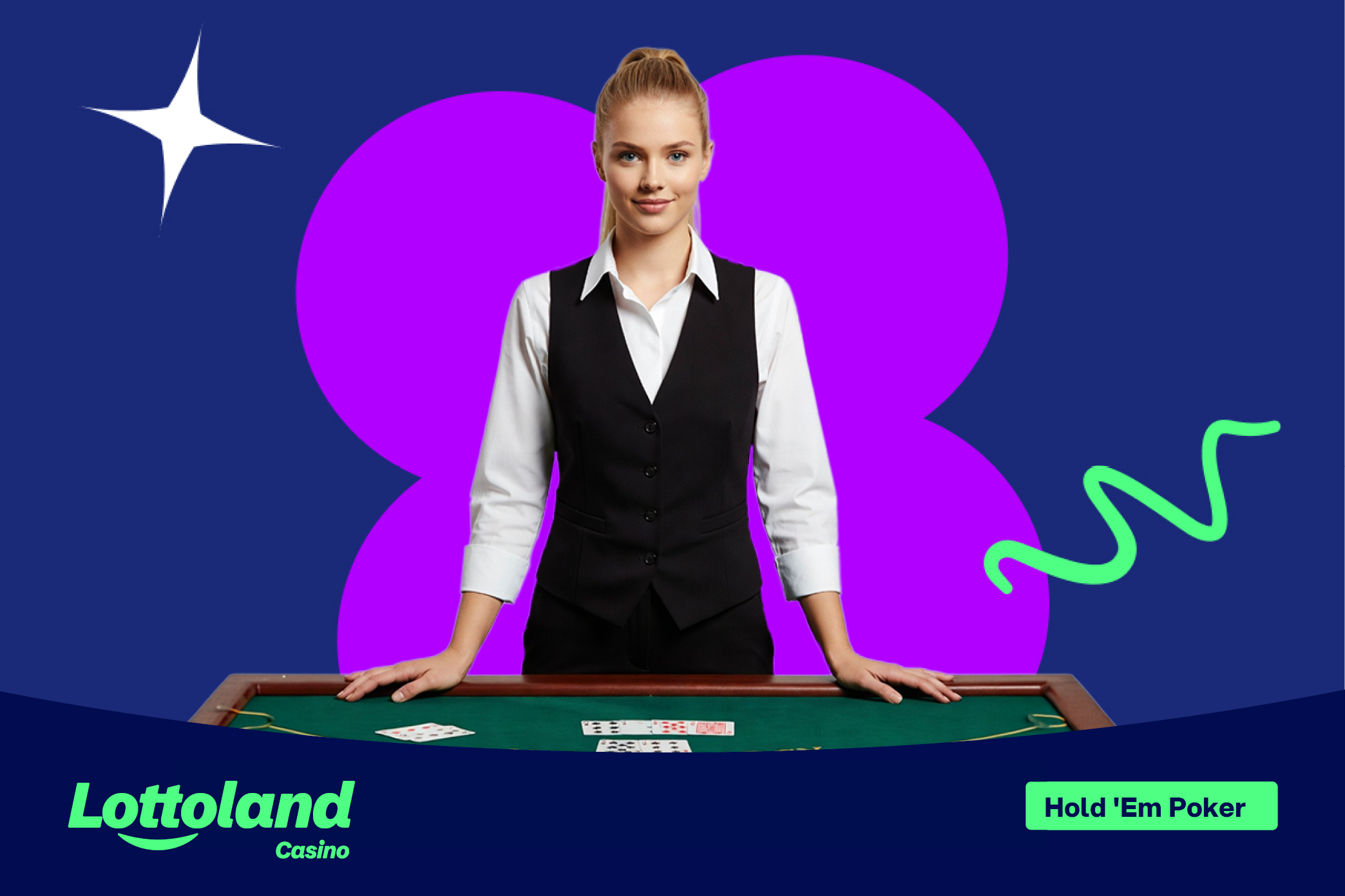 A female croupier dealing a game of Texas Hold'em. The image is on a lottoland branded background