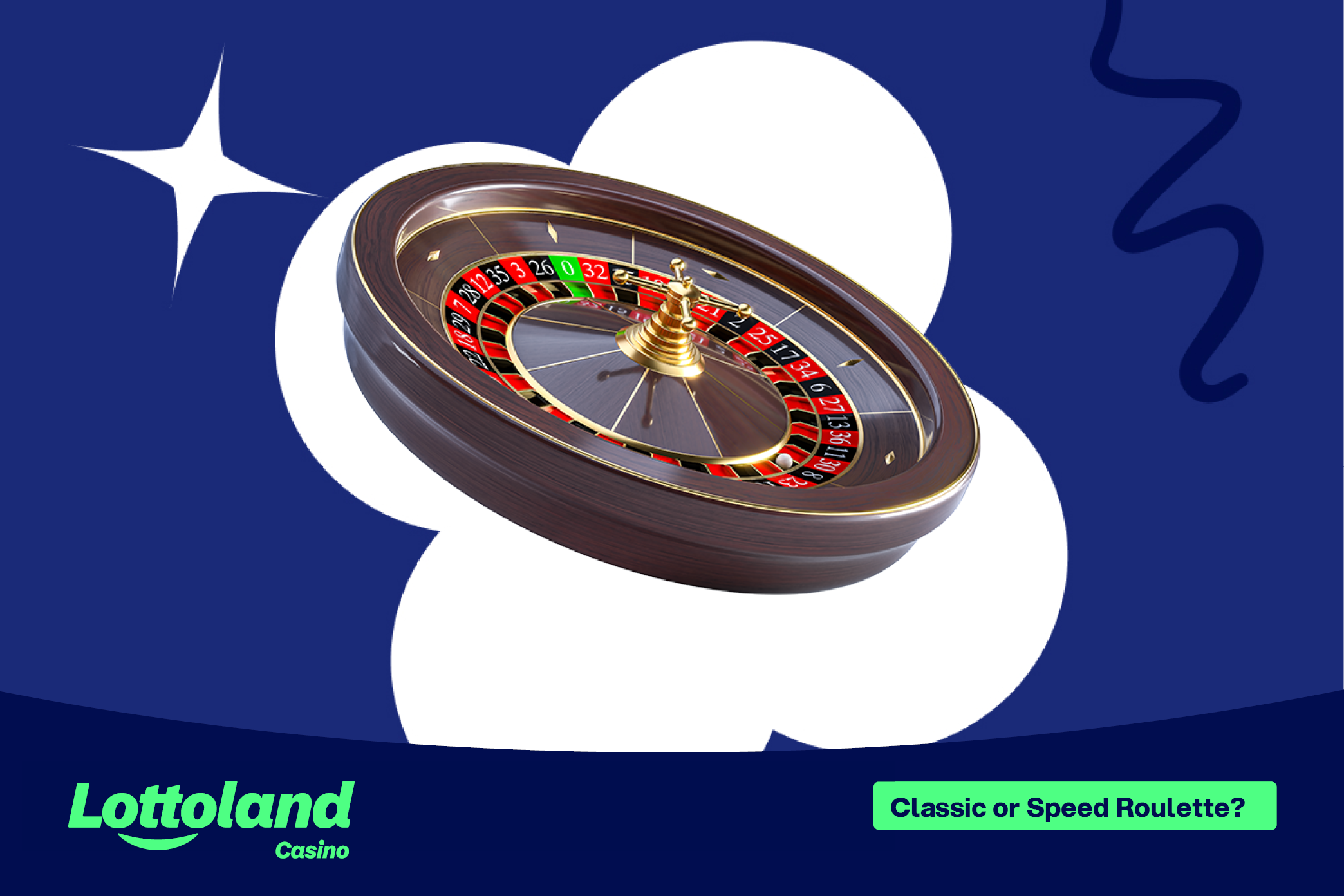 A roulette wheel on a lottoland branded background