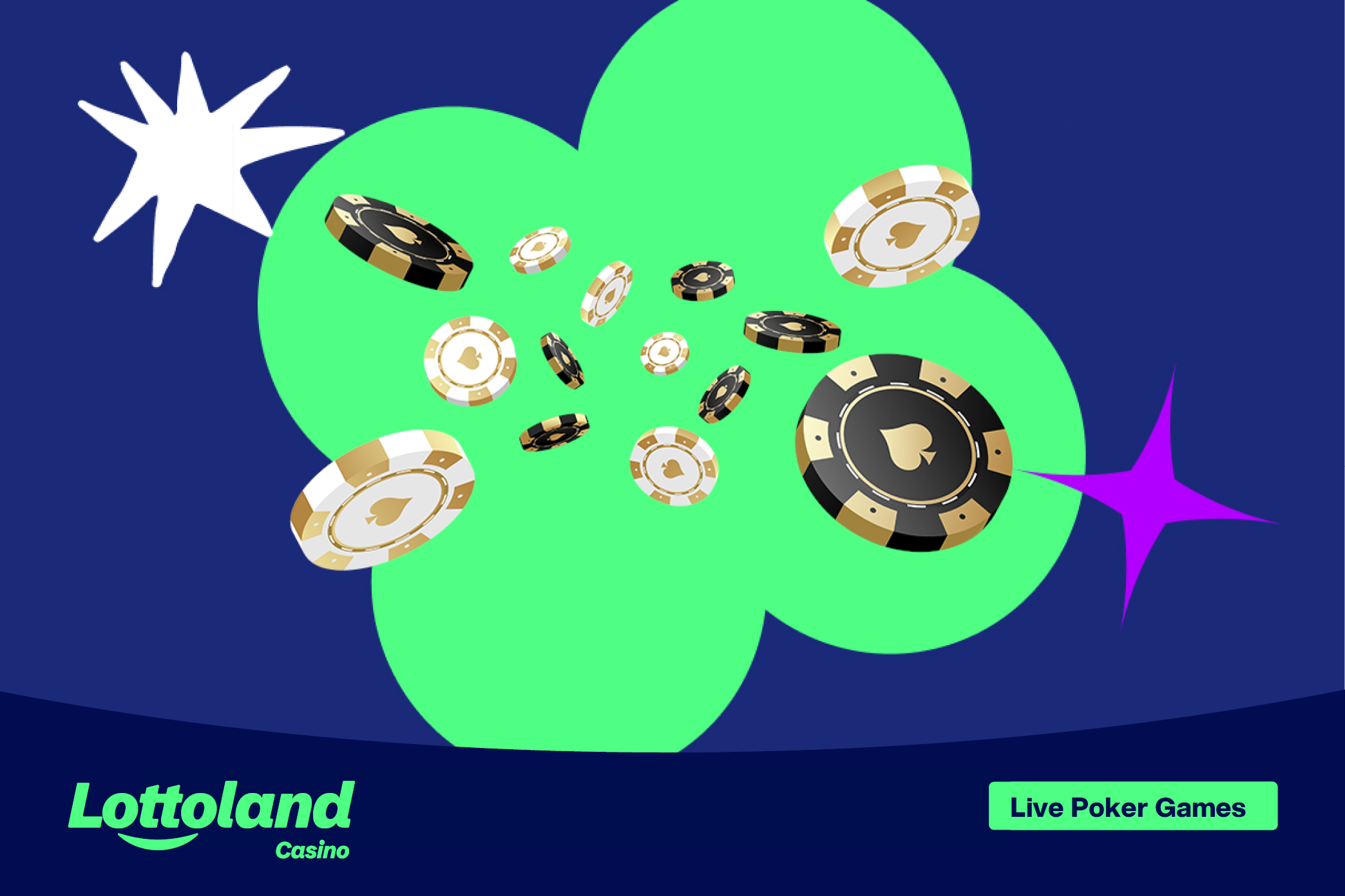 Casino chips, often used in different live poker games, on a lottoland branded background